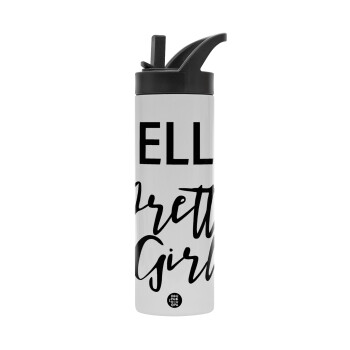 Hello pretty girl, Metallic thermos bottle with straw & handle, stainless steel (Stainless steel 304), double-walled, 600ml.