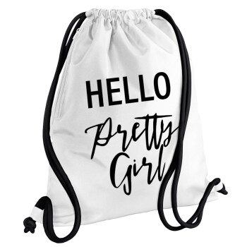 Hello pretty girl, Backpack pouch GYMBAG white, with pocket (40x48cm) & thick cords