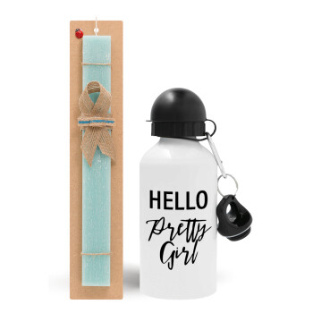 Hello pretty girl, Easter Set, metallic aluminum water bottle (500ml) & scented flat candle (30cm) (TURQUOISE)