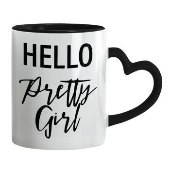 Hello pretty girl, Mug heart black handle, ceramic, 330ml