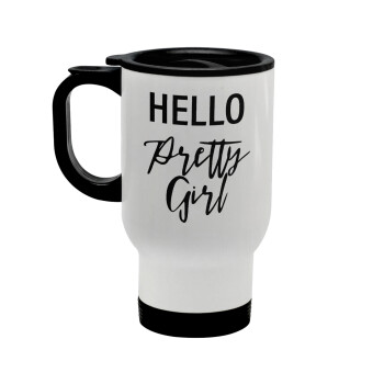 Hello pretty girl, Stainless steel travel mug with lid, double wall white 450ml