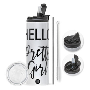 Hello pretty girl, Travel Tumbler θερμό με διπλό καπάκι, μεταλλικό καλαμάκι και βούρτσα καθαρισμού (Ανωξείδωτο 304 Food grade, BPA free, 600ml)