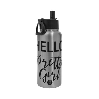 Hello pretty girl, Metal mug thermo Silver with Straw and Spout Lid (Stainless steel), double wall, 950ml