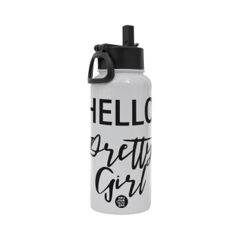 Hello pretty girl, Metal mug thermo White with Straw and Spout Lid (Stainless steel), double wall, 950ml