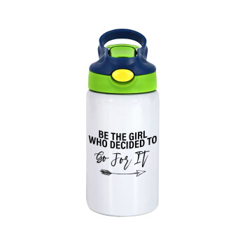 Be the girl who decided to, Children's hot water bottle, stainless steel, with safety straw, green, blue (350ml)