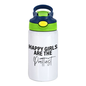 Happy girls are the prettiest, Children's hot water bottle, stainless steel, with safety straw, green, blue (350ml)