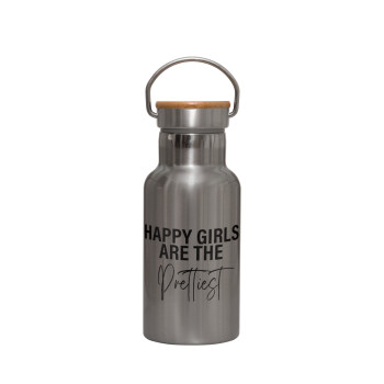 Happy girls are the prettiest, Stainless steel metallic thermos flask, silver with a bamboo lid, double-walled, 350ml.