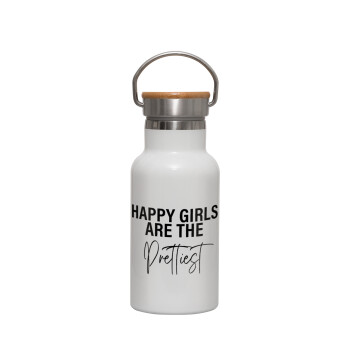 Happy girls are the prettiest, Metallic thermos (Stainless steel) White with wooden lid (bamboo), double-walled, 350ml