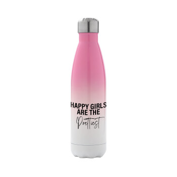 Happy girls are the prettiest, Metal mug thermos Pink/White (Stainless steel), double wall, 500ml