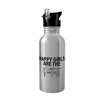 Happy girls are the prettiest, Παγούρι νερού Ασημένιο με καλαμάκι, ανοξείδωτο ατσάλι 600ml