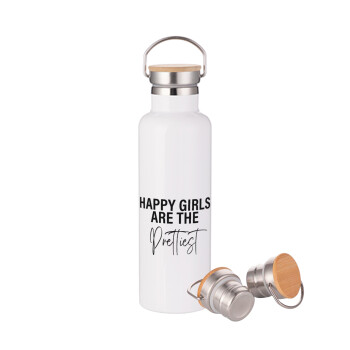 Happy girls are the prettiest, Stainless steel White with wooden lid (bamboo), double wall, 750ml