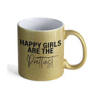 Happy girls are the prettiest, Κούπα Χρυσή Glitter που γυαλίζει, κεραμική, 330ml