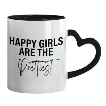Happy girls are the prettiest, Mug heart black handle, ceramic, 330ml