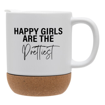 Happy girls are the prettiest, Κούπα, κεραμική με βάση φελού και καπάκι (ΜΑΤ), 330ml (1 τεμάχιο)