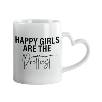 Happy girls are the prettiest, Κούπα καρδιά χερούλι λευκή, κεραμική, 330ml