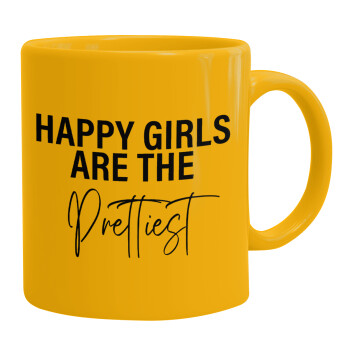 Happy girls are the prettiest, Ceramic coffee mug yellow, 330ml (1pcs)