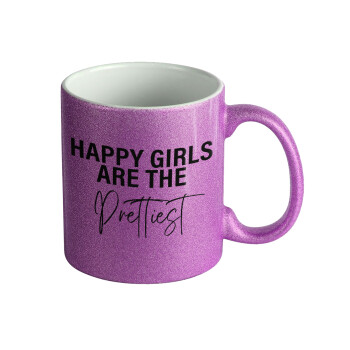 Happy girls are the prettiest, Κούπα Μωβ Glitter που γυαλίζει, κεραμική, 330ml