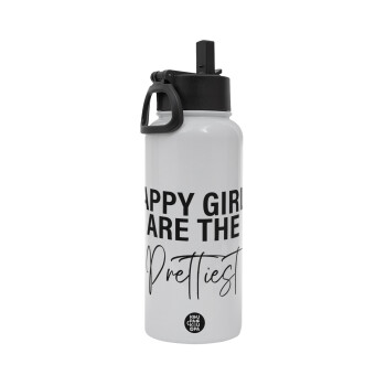 Happy girls are the prettiest, Metal mug thermo White with Straw and Spout Lid (Stainless steel), double wall, 950ml