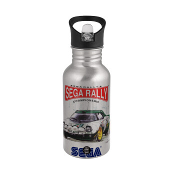 SEGA RALLY 2, Water bottle Silver with straw, stainless steel 500ml
