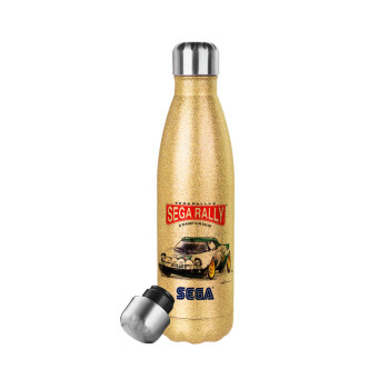 SEGA RALLY 2, Μεταλλικό παγούρι θερμός Glitter χρυσό (Stainless steel), διπλού τοιχώματος, 500ml