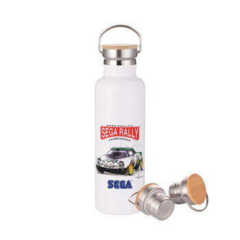 SEGA RALLY 2, Μεταλλικό παγούρι θερμός (Stainless steel) Λευκό με ξύλινο καπακι (bamboo), διπλού τοιχώματος, 750ml