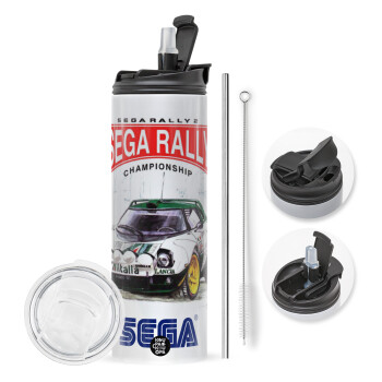 SEGA RALLY 2, Travel Tumbler θερμό με διπλό καπάκι, μεταλλικό καλαμάκι και βούρτσα καθαρισμού (Ανωξείδωτο 304 Food grade, BPA free, 600ml)