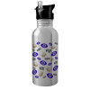 Water bottle Silver with straw, stainless steel 600ml