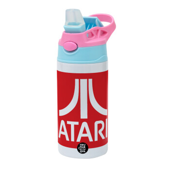 atari, Children's hot water bottle, stainless steel, with safety straw, Pink/BlueCiel (360ml) BPA FREE