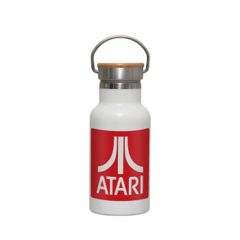 atari, Metallic thermos (Stainless steel) White with wooden lid (bamboo), double-walled, 350ml