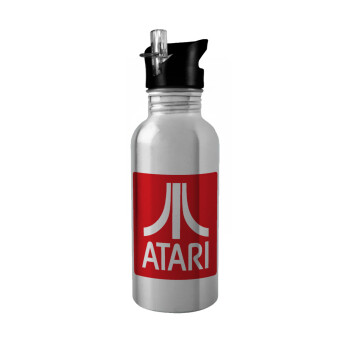 atari, Water bottle Silver with straw, stainless steel 600ml