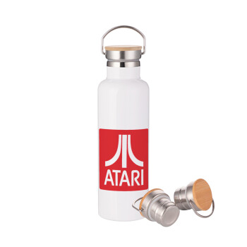 atari, Μεταλλικό παγούρι θερμός (Stainless steel) Λευκό με ξύλινο καπακι (bamboo), διπλού τοιχώματος, 750ml