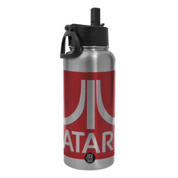 atari, Metal mug thermo Silver with Straw and Spout Lid (Stainless steel), double wall, 950ml