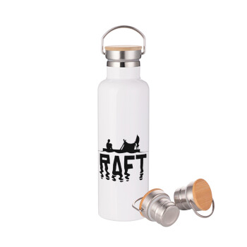 raft, Μεταλλικό παγούρι θερμός (Stainless steel) Λευκό με ξύλινο καπακι (bamboo), διπλού τοιχώματος, 750ml