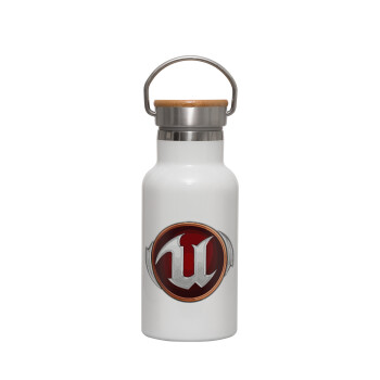 Unreal, Metallic thermos (Stainless steel) White with wooden lid (bamboo), double-walled, 350ml