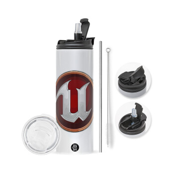 Unreal, Travel Tumbler 2 Lids, with metal straw & cleaning brush (Stainless steel 304 Food grade, BPA free, 600ml)