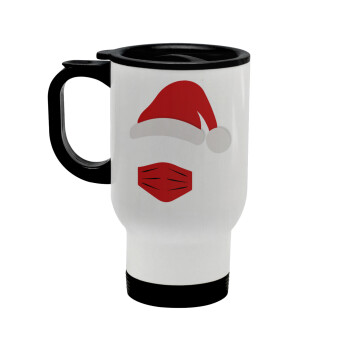 Santa ware a mask, Stainless steel travel mug with lid, double wall white 450ml