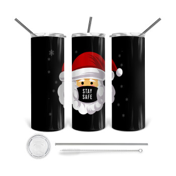 Santa stay safe, 360 Eco friendly ποτήρι θερμό (tumbler) από ανοξείδωτο ατσάλι 600ml, με μεταλλικό καλαμάκι & βούρτσα καθαρισμού