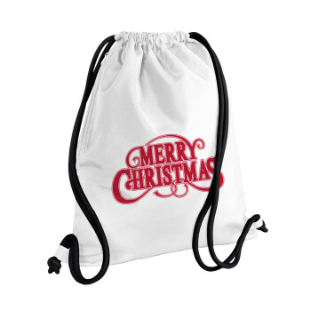 Merry Christmas classical, Τσάντα πλάτης πουγκί GYMBAG λευκή, με τσέπη (40x48cm) & χονδρά κορδόνια