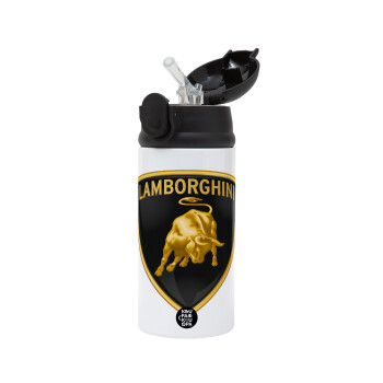 Lamborghini, Children's hot water bottle, stainless steel, with safety straw, Black (360ml) BPA-FREE