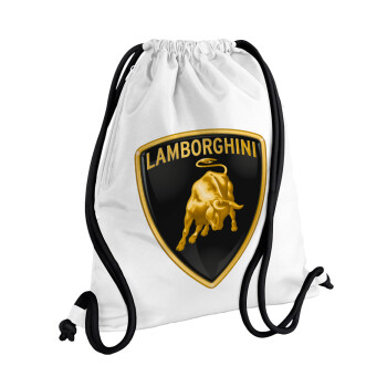 Lamborghini, Τσάντα πλάτης πουγκί GYMBAG λευκή, με τσέπη (40x48cm) & χονδρά κορδόνια