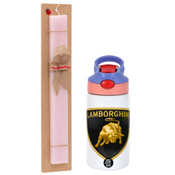 Lamborghini, Easter Set, Children's thermal stainless steel water bottle with safety straw, pink/purple (350ml) & Easter scented flat candle (30cm) (PINK)