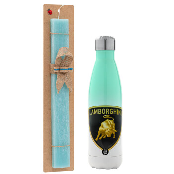 Lamborghini, Easter Set, Metallic green/white thermos (Stainless steel), double-walled, 500ml & scented flat Easter candle (30cm) (TURQUOISE)