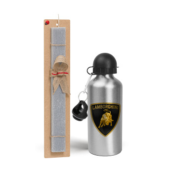 Lamborghini, Easter Set, metallic silver aluminum water bottle (500ml) & aromatic flat Easter candle (30cm) (GRAY)