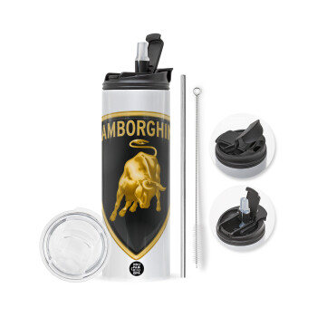 Lamborghini, Travel Tumbler 2 Lids, with metal straw & cleaning brush (Stainless steel 304 Food grade, BPA free, 600ml)