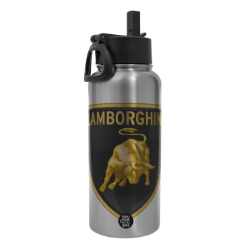 Lamborghini, Metal mug thermo Silver with Straw and Spout Lid (Stainless steel), double wall, 950ml