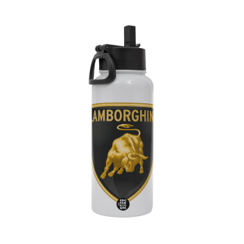 Lamborghini, Metal mug thermo White with Straw and Spout Lid (Stainless steel), double wall, 950ml