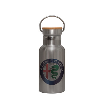 Alfa Romeo, Stainless steel metallic thermos flask, silver with a bamboo lid, double-walled, 350ml.