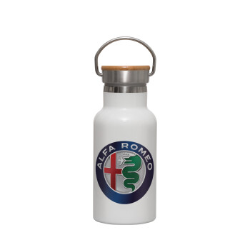 Alfa Romeo, Metallic thermos (Stainless steel) White with wooden lid (bamboo), double-walled, 350ml