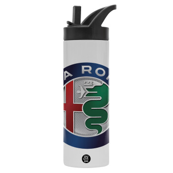 Alfa Romeo, Metallic thermos bottle with straw & handle, stainless steel (Stainless steel 304), double-walled, 600ml.