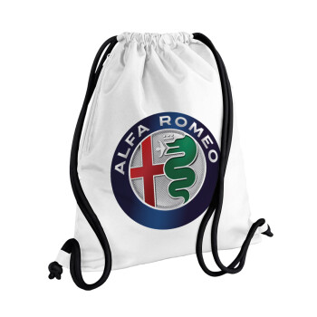 Alfa Romeo, Τσάντα πλάτης πουγκί GYMBAG λευκή, με τσέπη (40x48cm) & χονδρά κορδόνια